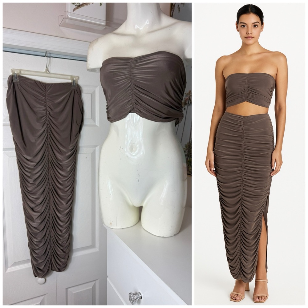PrettyLittleThing Taupe Brown Ruched Midaxi Skirt Bandeau Top Set Size 12